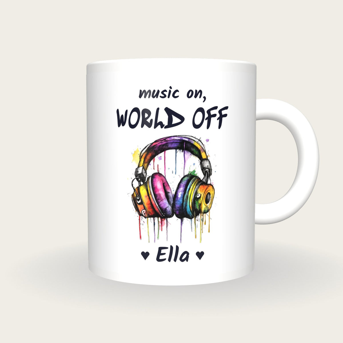 Personalised Headphones Mug, Music On World Off, front
