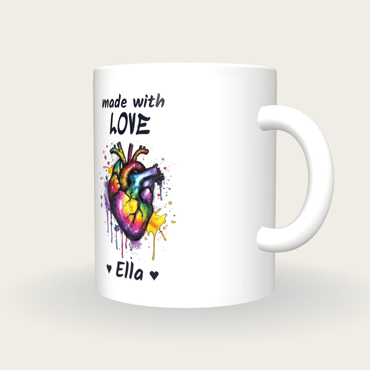 Personalised Heart Mug, Made With Love, three-quarter view