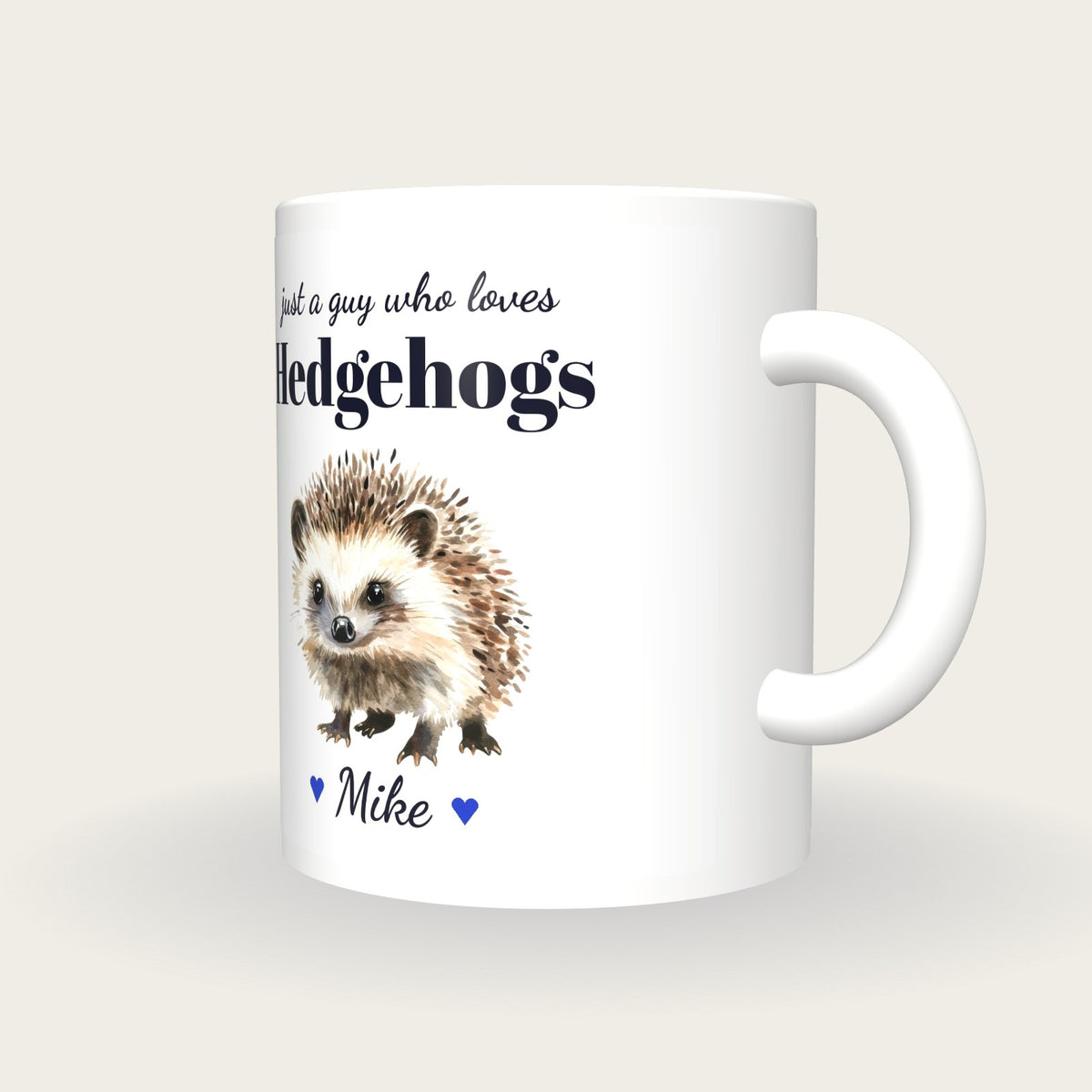 Personalised Hedgehog Mug, Just A Guy Who Loves Hedgehogs, three-quarter view