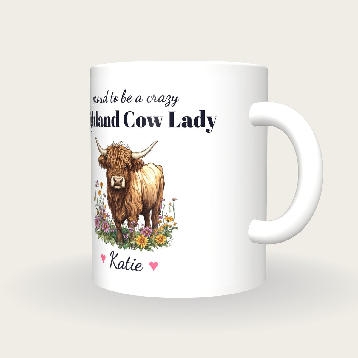 Personalised Highland Cow Mug, Crazy Highland Cow Lady, three-quarter view