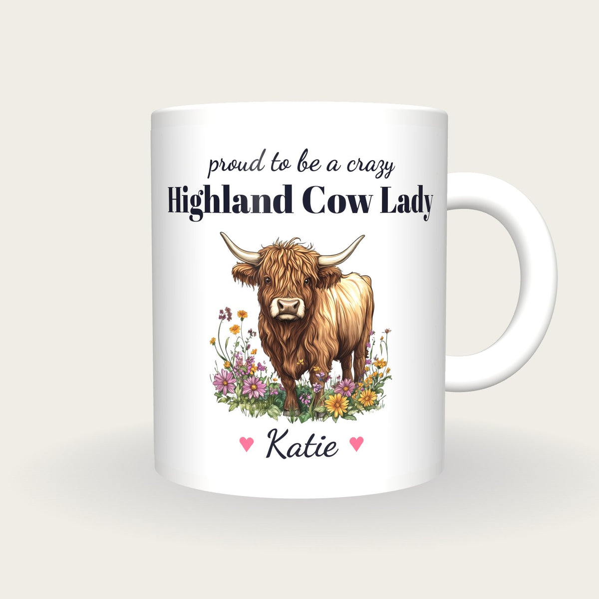 Personalised Highland Cow Mug, Crazy Highland Cow Lady, front