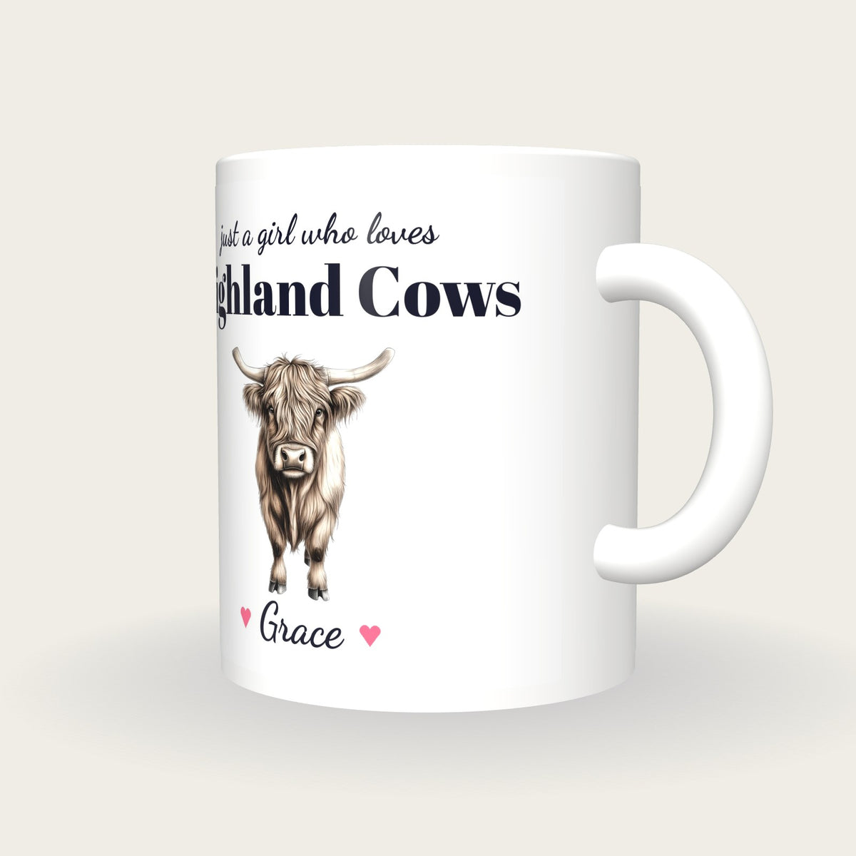 Personalised Highland Cow Mug, Just A Girl Who Loves Highland Cows, three-quarter view