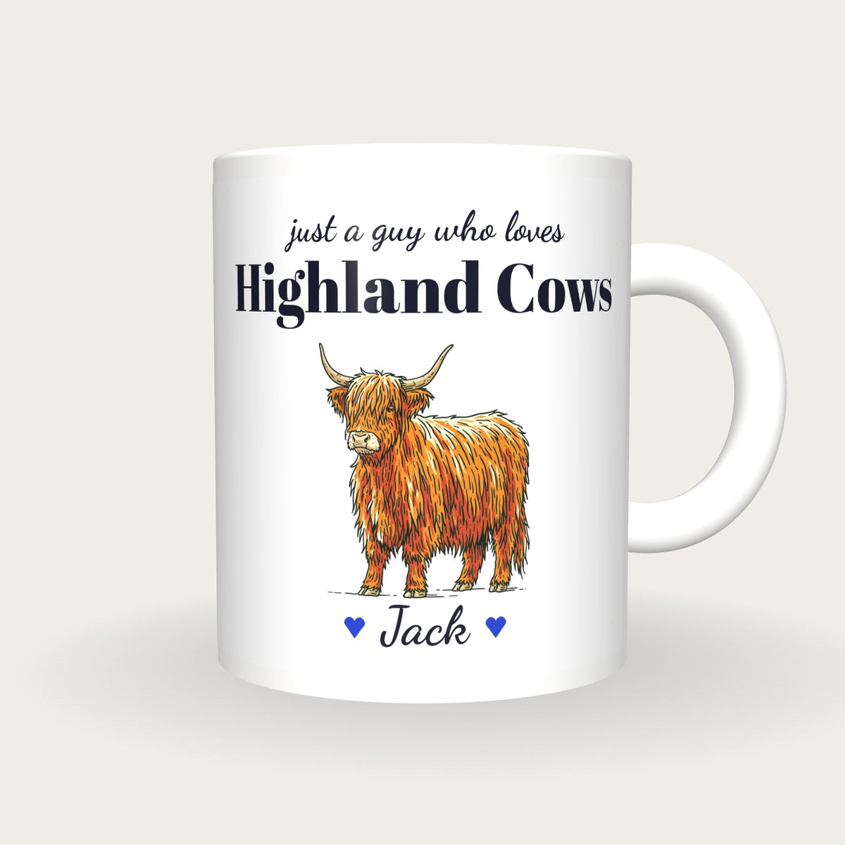 Personalised Highland Cow Mug, Just A Guy Who Loves Highland Cows, front