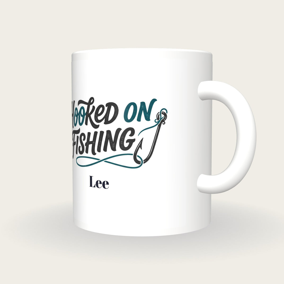 Personalised Hooked On Fishing Mug, three-quarter view