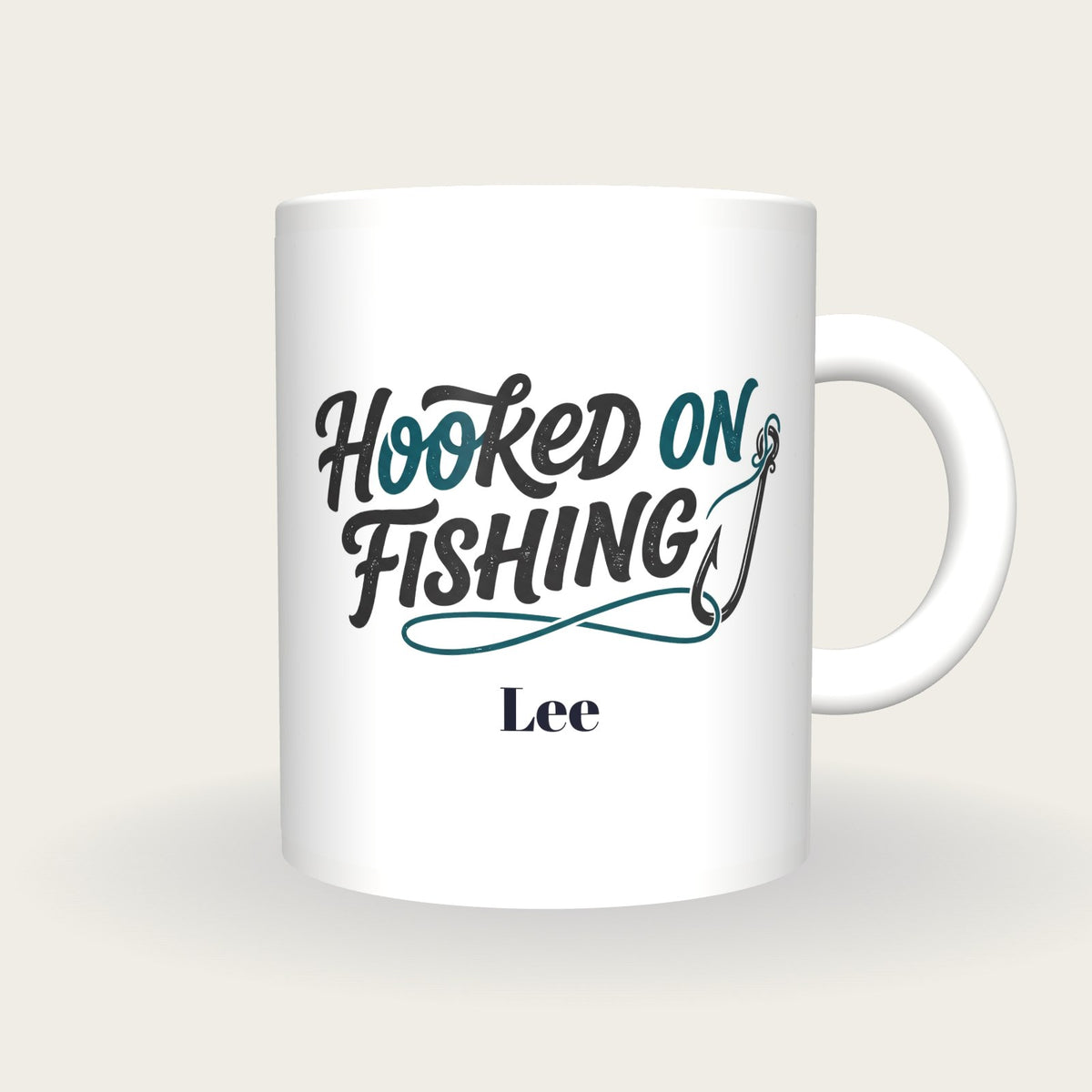 Personalised Hooked On Fishing Mug, front