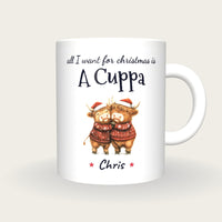 Personalised Hugging Highland Cows Mug, All I Want For Christmas Is A Cuppa, front