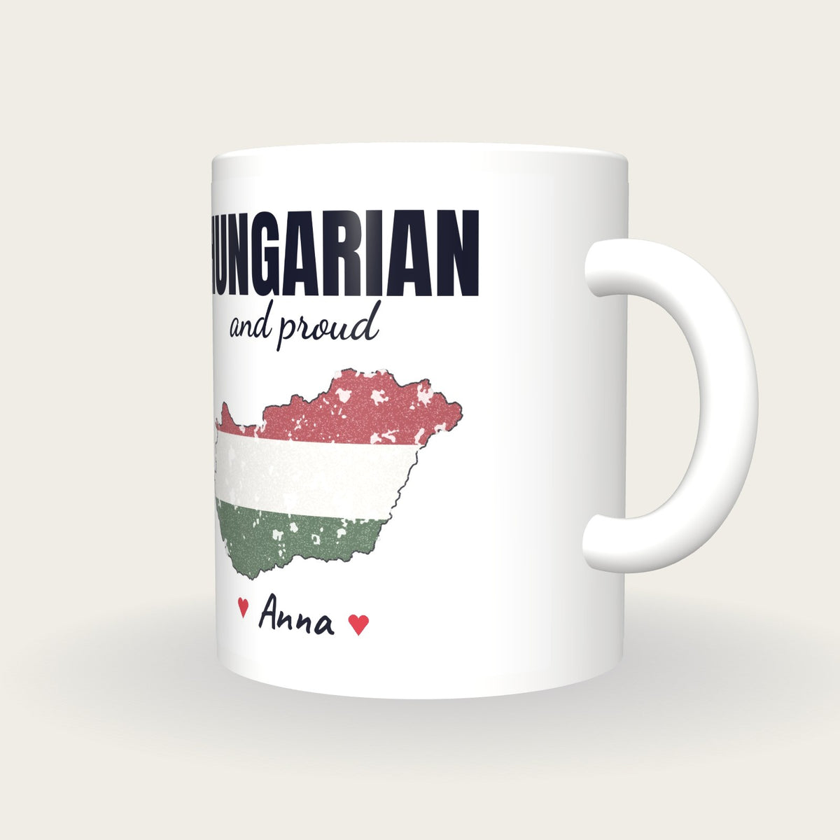 Personalised Hungary Map Mug, Hungarian And Proud, three-quarter view