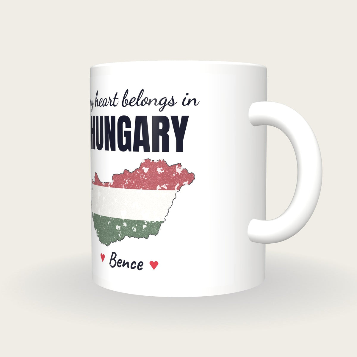 Personalised Hungary Map Mug, My Heart Belongs In Hungary, three-quarter view