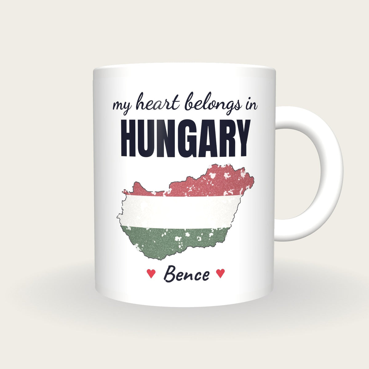 Personalised Hungary Map Mug, My Heart Belongs In Hungary, front