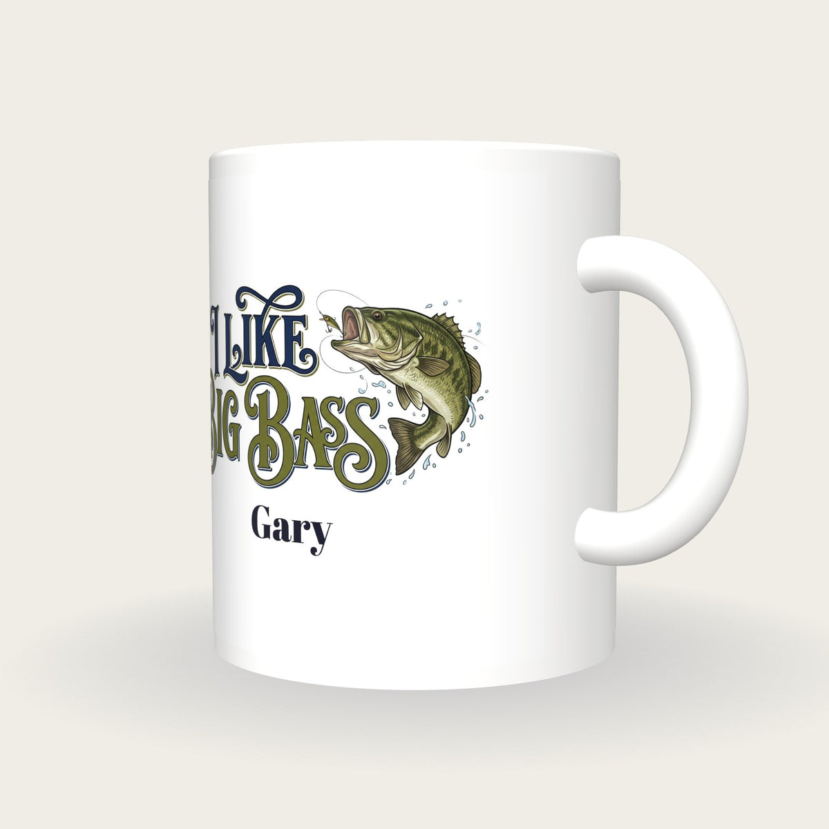 Personalised I Like Big Bass Fishing Mug, three-quarter view