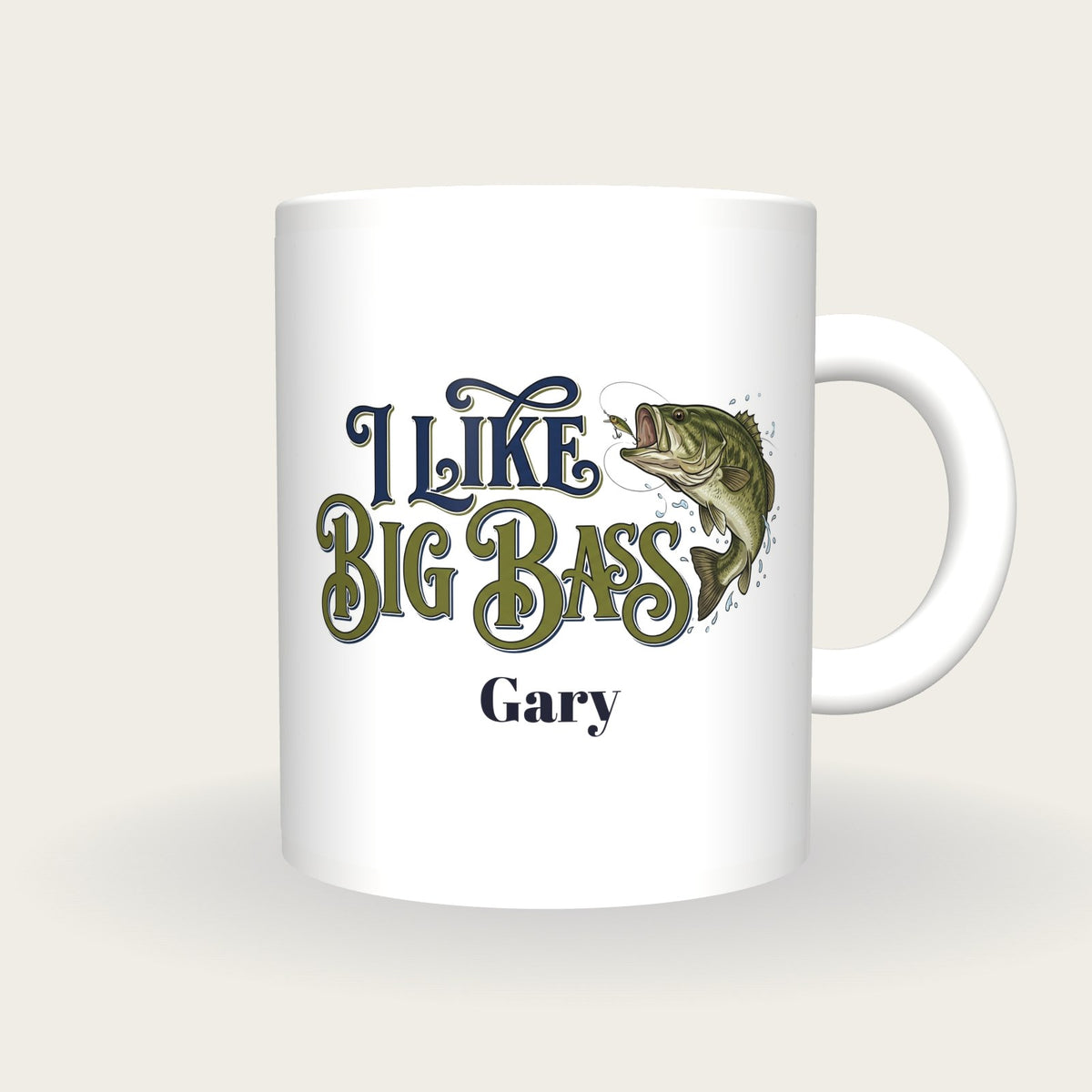 Personalised I Like Big Bass Fishing Mug, front