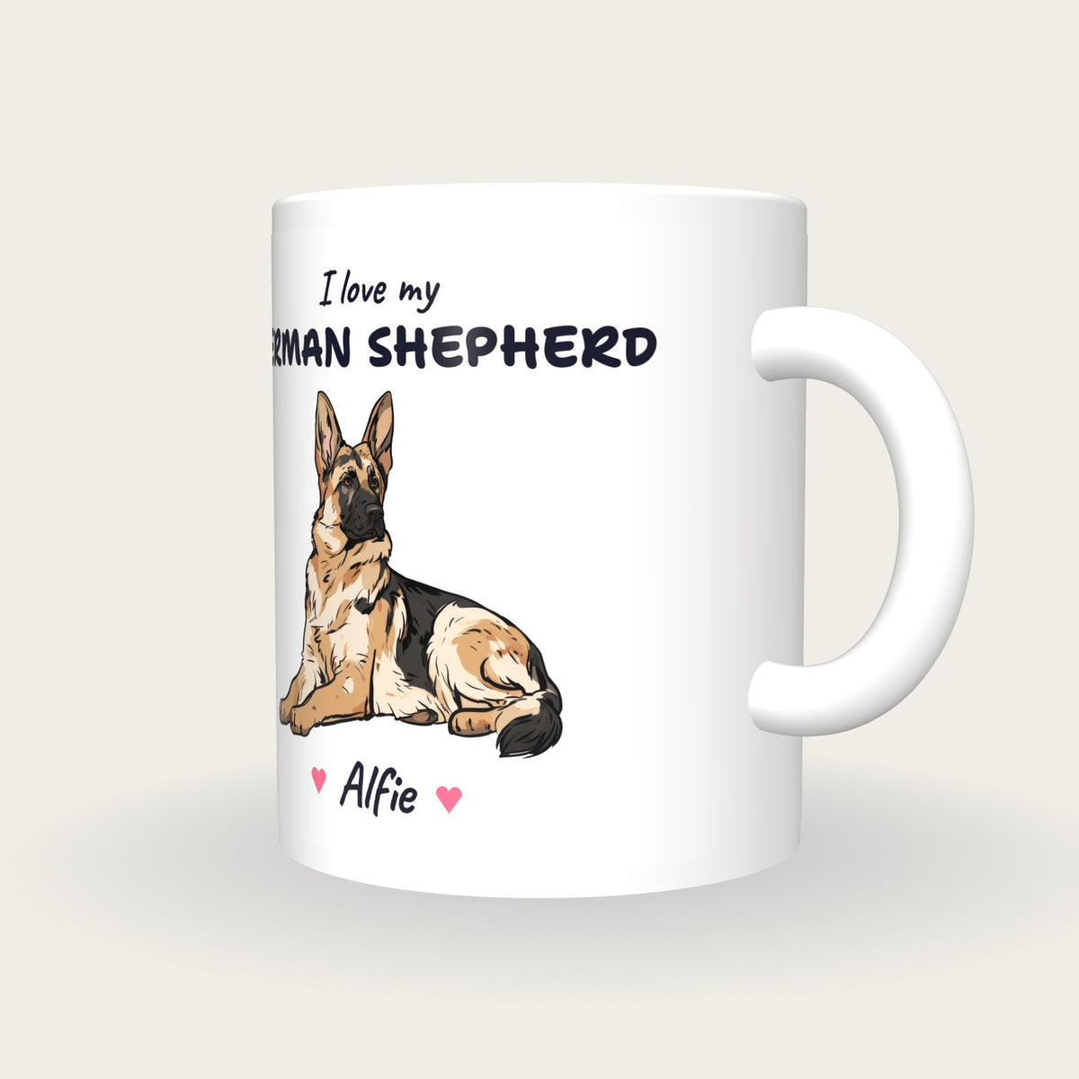 Personalised I Love My German Shepherd Mug, three-quarter view