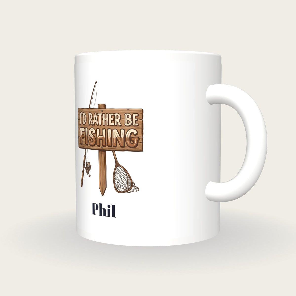 Personalised I'd Rather Be Fishing Mug, three-quarter view