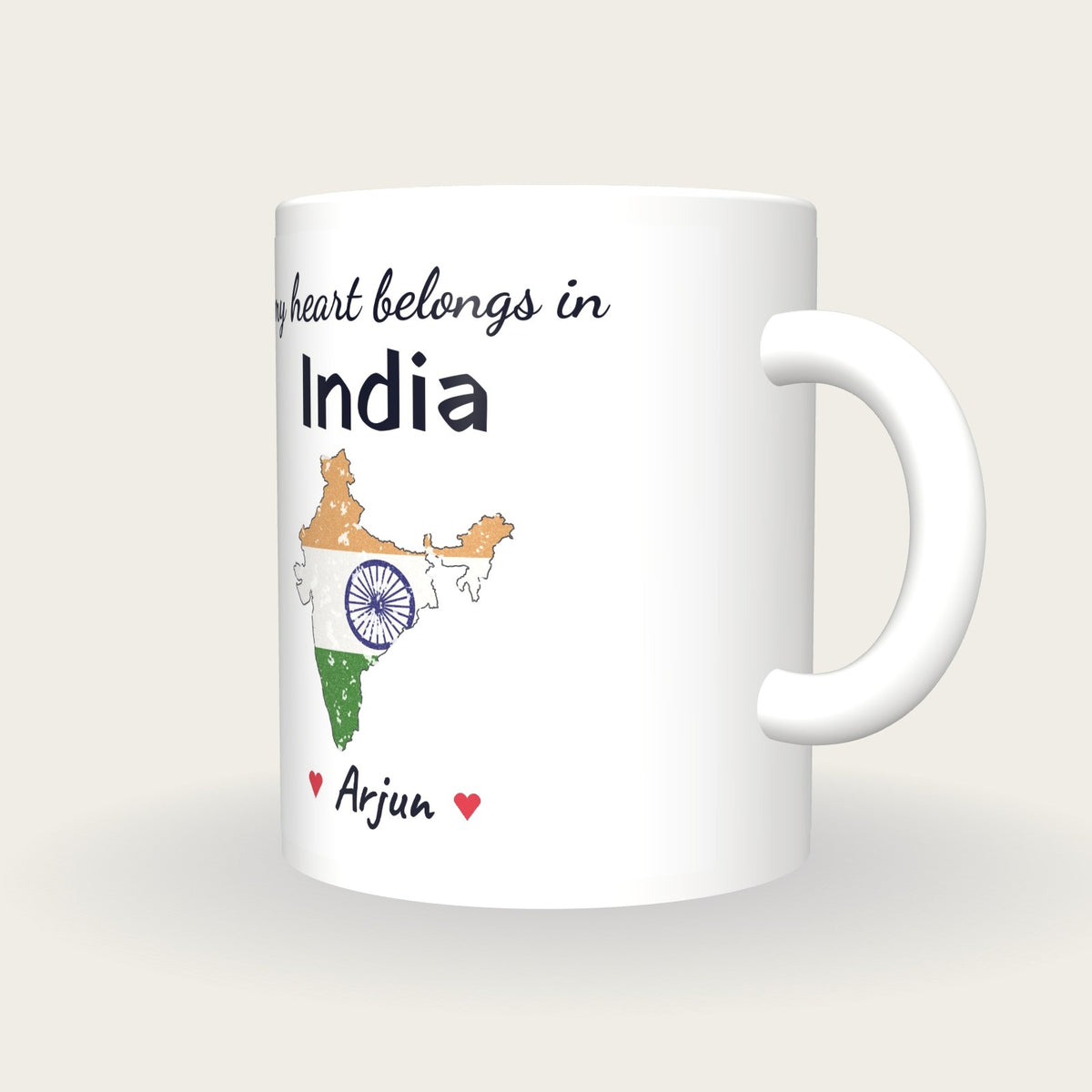 Personalised India Map Mug, My Heart Belongs In India, three-quarter view