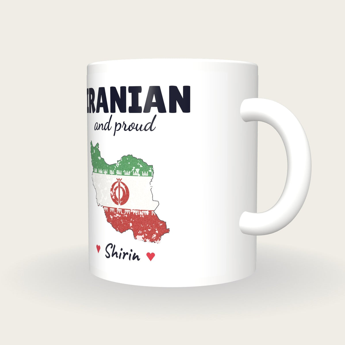 Personalised Iran Map Mug, Iranian And Proud, three-quarter view