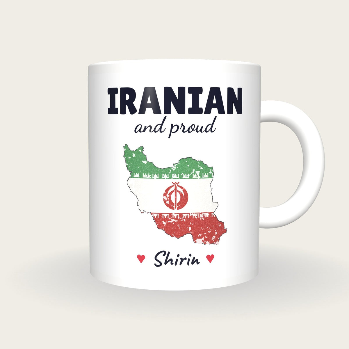 Personalised Iran Map Mug, Iranian And Proud, front