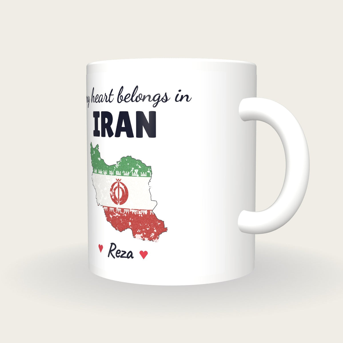 Personalised Iran Map Mug, My Heart Belongs In Iran, three-quarter view