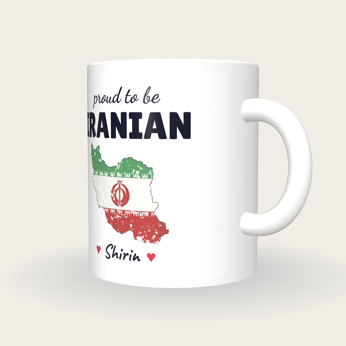 Personalised Iran Map Mug, Proud To Be Iranian, three-quarter view