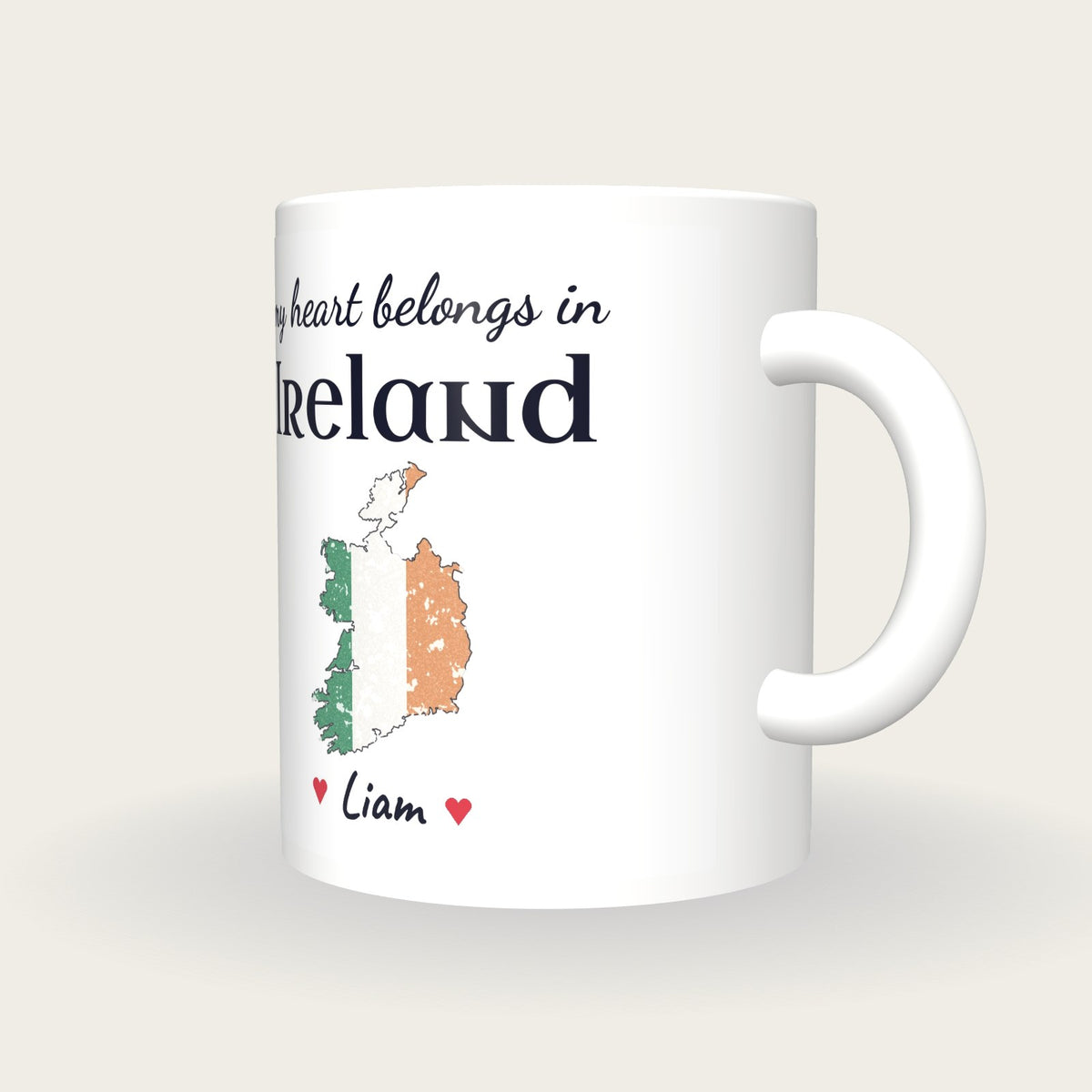 Personalised Ireland Map Mug, My Heart Belongs In Ireland, three-quarter view