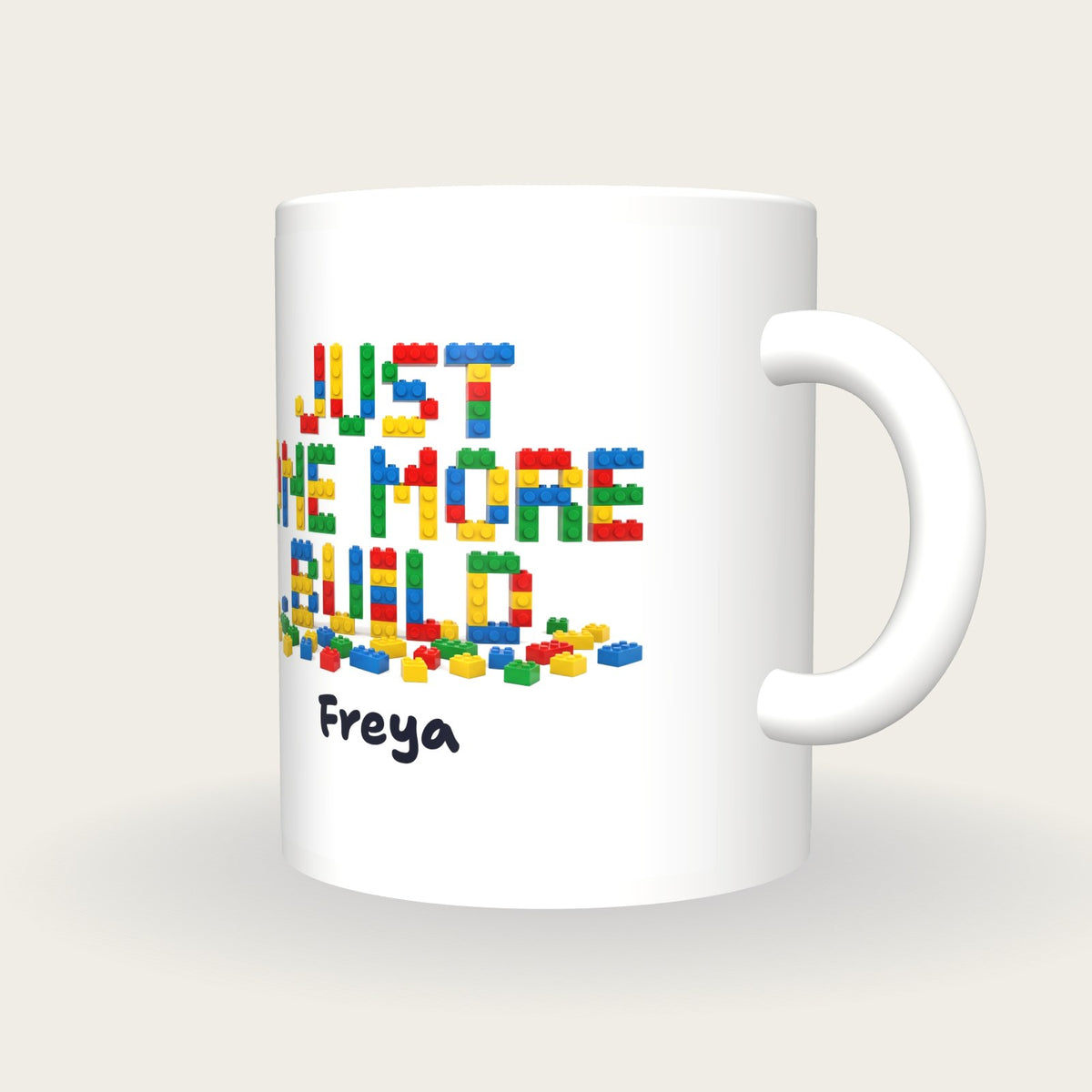 Personalised Just One More Build Brick Mug, three-quarter view