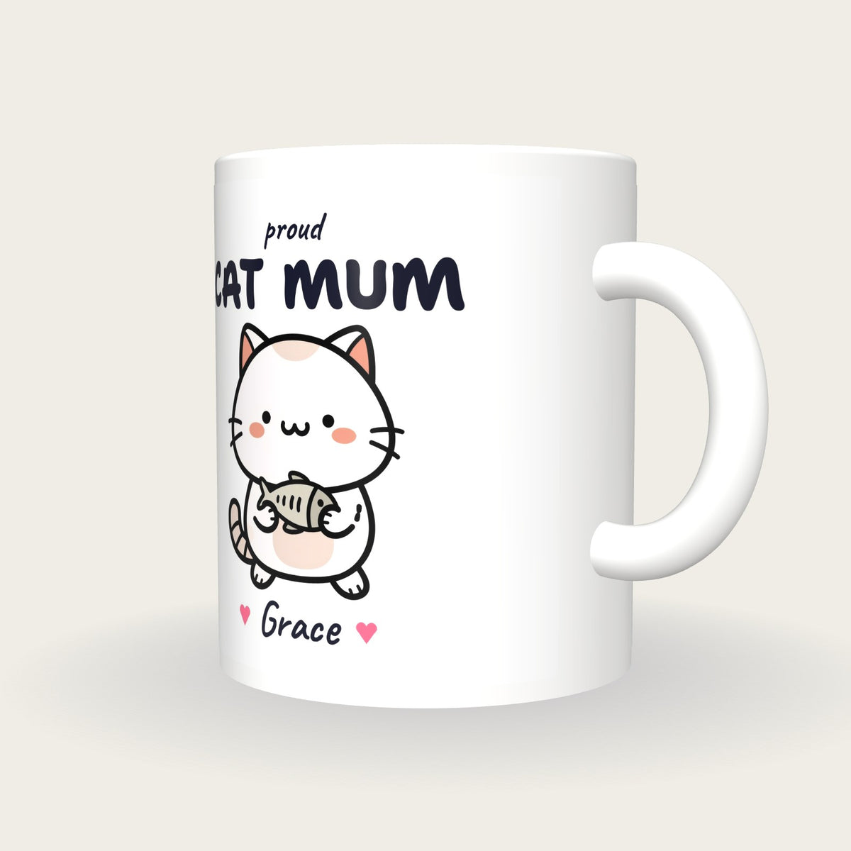 Personalised Kawaii Cat Mug, Cat Mum, three-quarter view