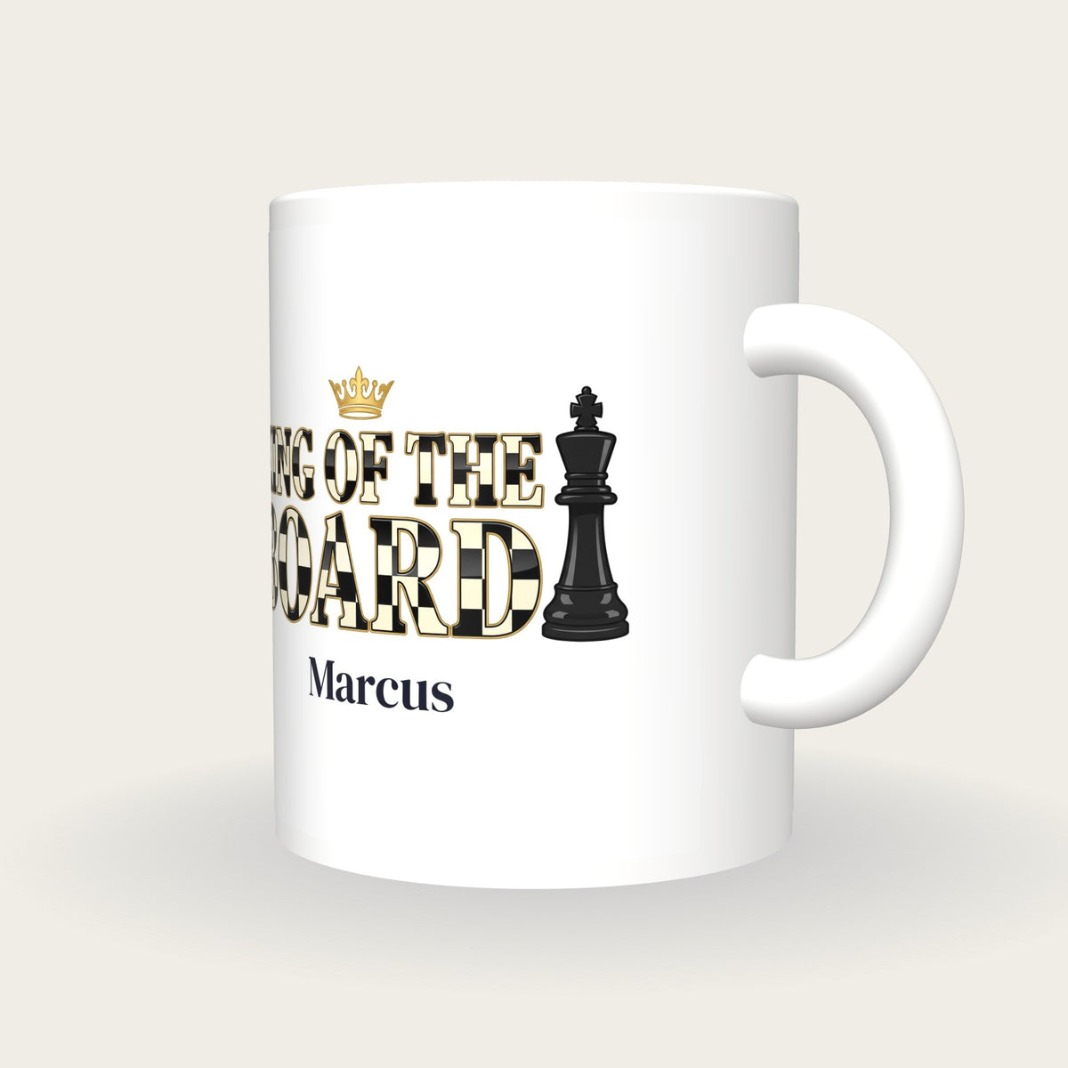 Personalised King Of The Board Chess Mug, three-quarter view