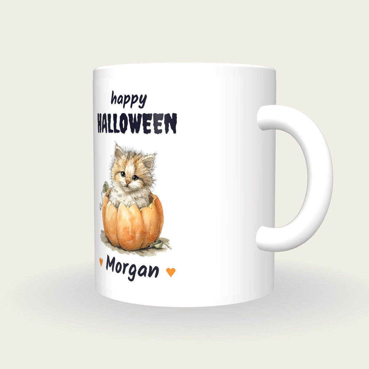 Personalised Kitten In A Pumpkin Mug, Happy Halloween, three-quarter view