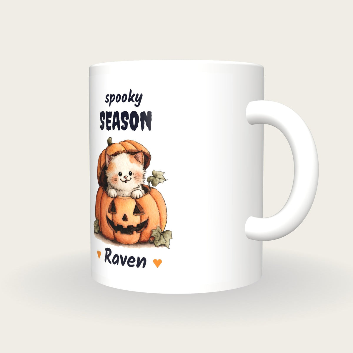 Personalised Kitten In A Pumpkin Mug, Spooky Season, three-quarter view