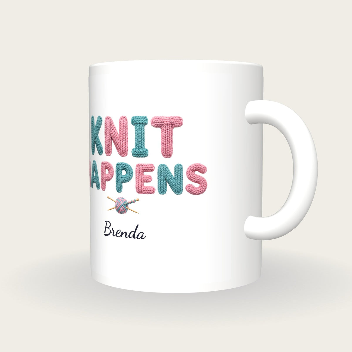 Personalised Knit Happens Knitting Mug, three-quarter view