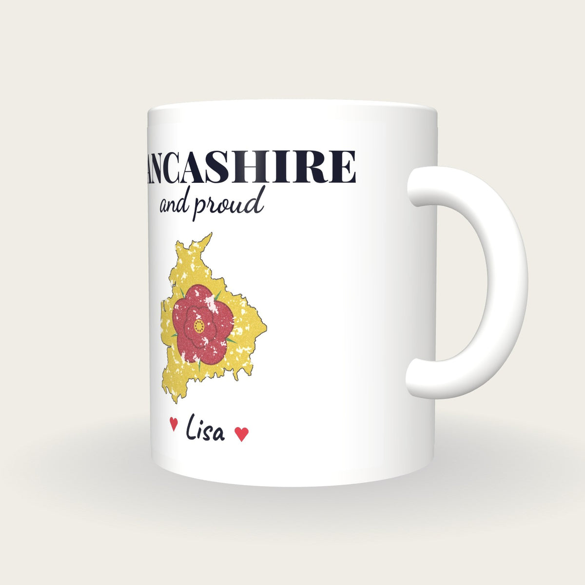 Personalised Lancashire Map Mug, Lancashire And Proud, three-quarter view