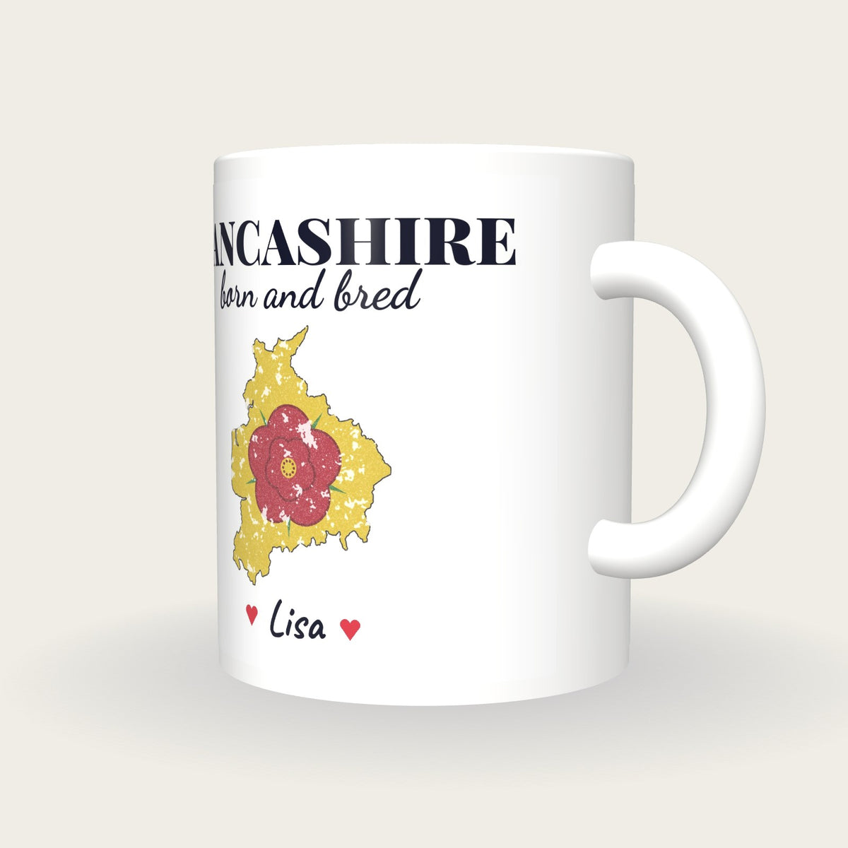 Personalised Lancashire Map Mug, Lancashire Born And Bred, three-quarter view