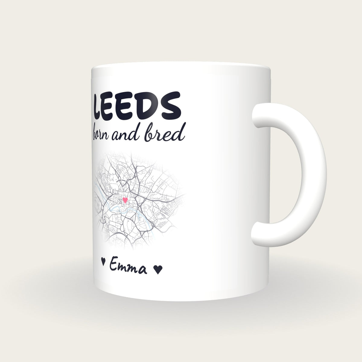 Personalised Leeds Map Mug, Leeds Born And Bred, three-quarter view
