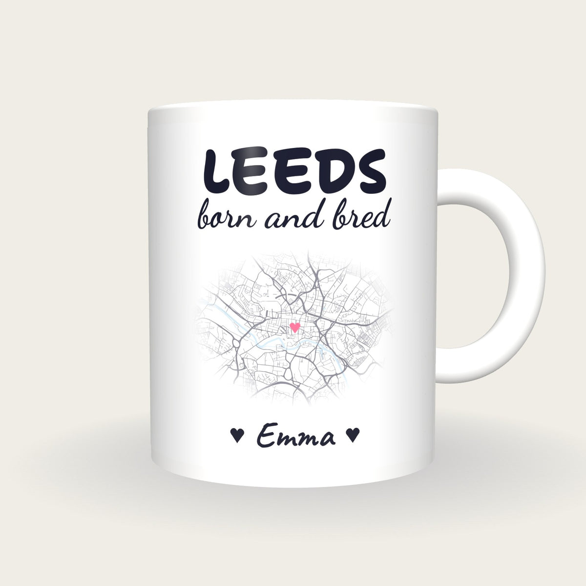 Personalised Leeds Map Mug, Leeds Born And Bred, front