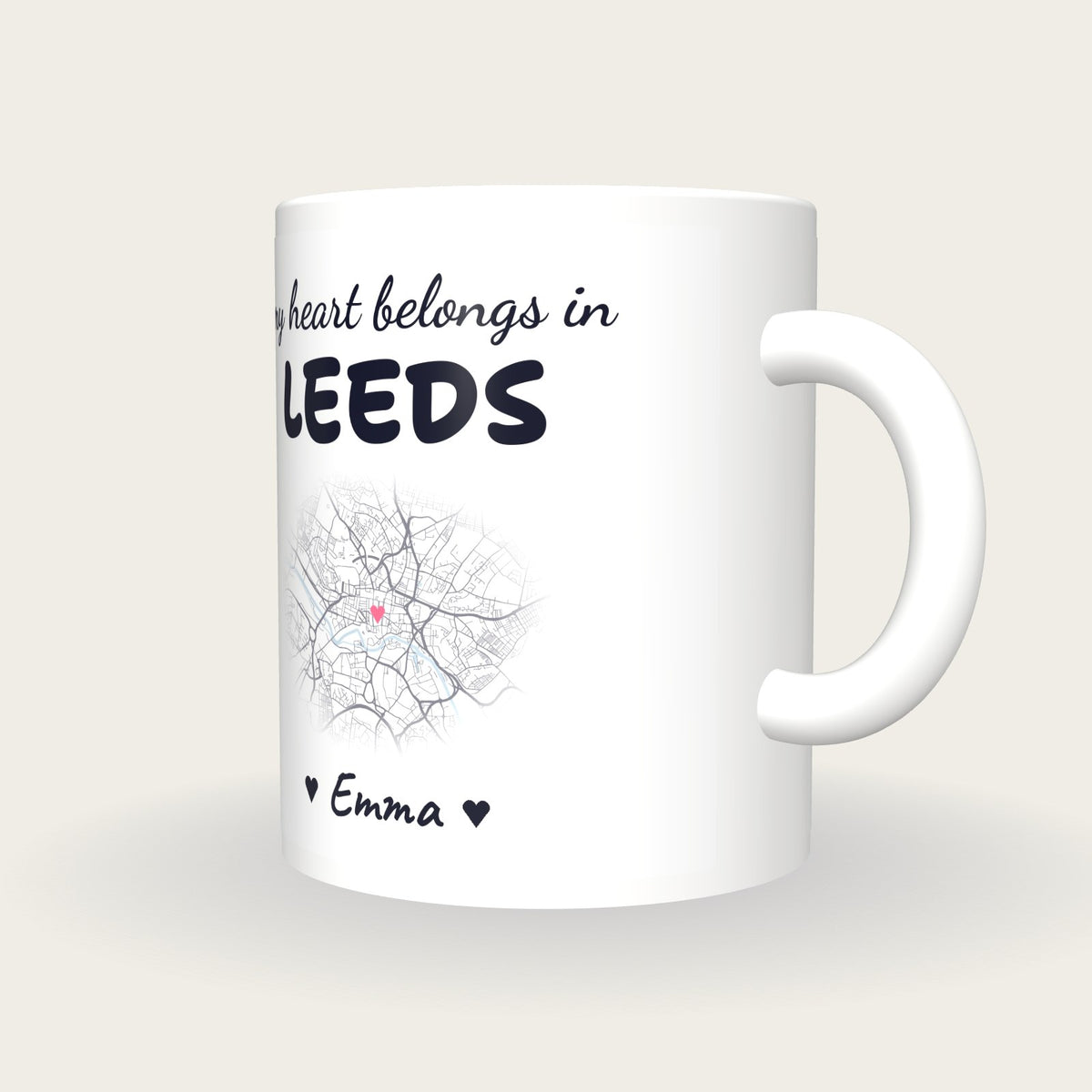 Personalised Leeds Map Mug, My Heart Belongs In Leeds, three-quarter view