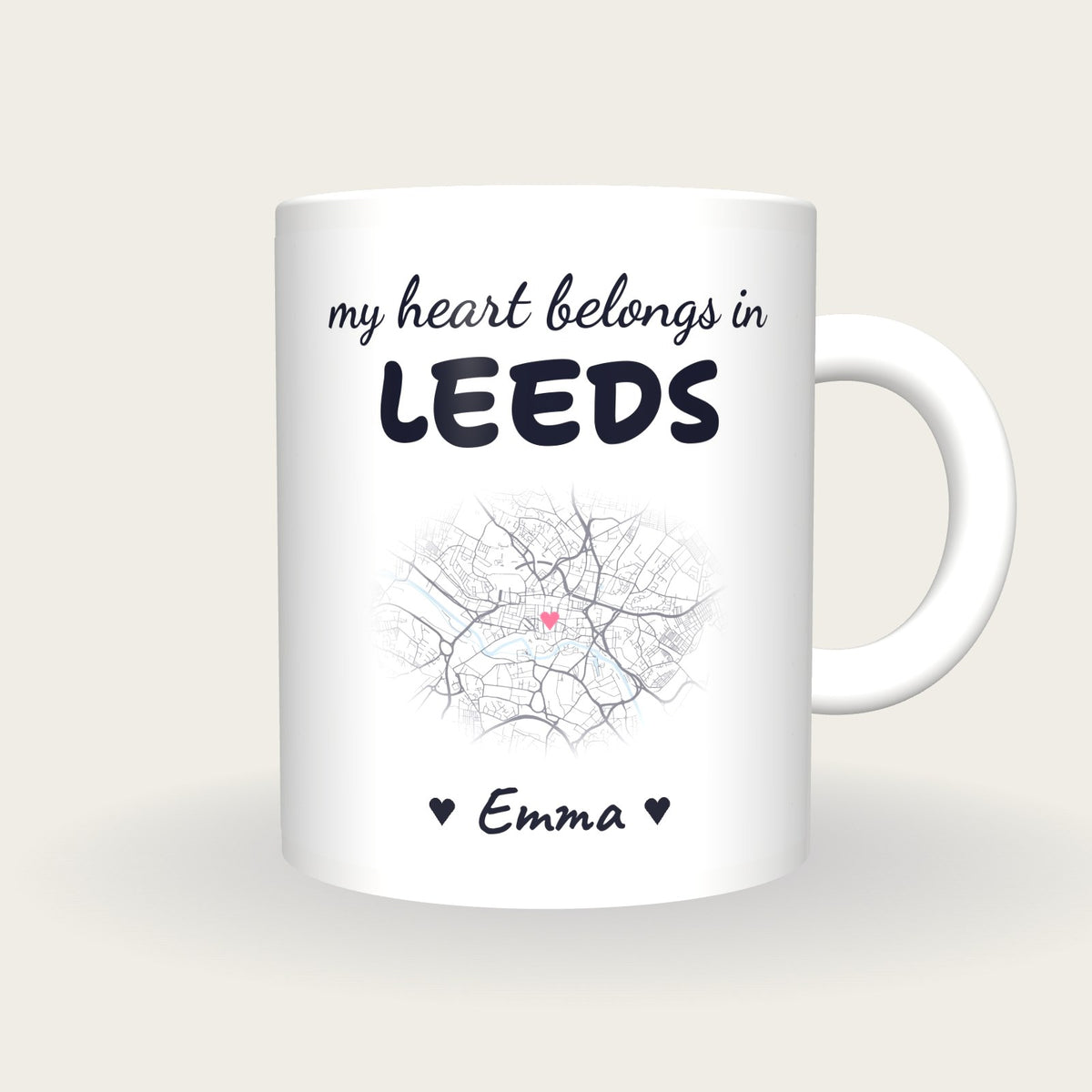 Personalised Leeds Map Mug, My Heart Belongs In Leeds, front