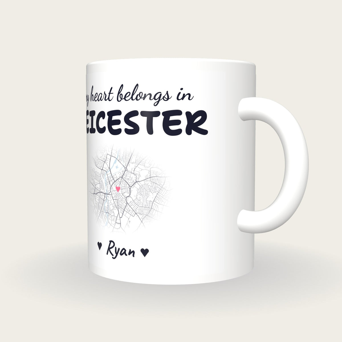 Personalised Leicester Map Mug, My Heart Belongs In Leicester, three-quarter view