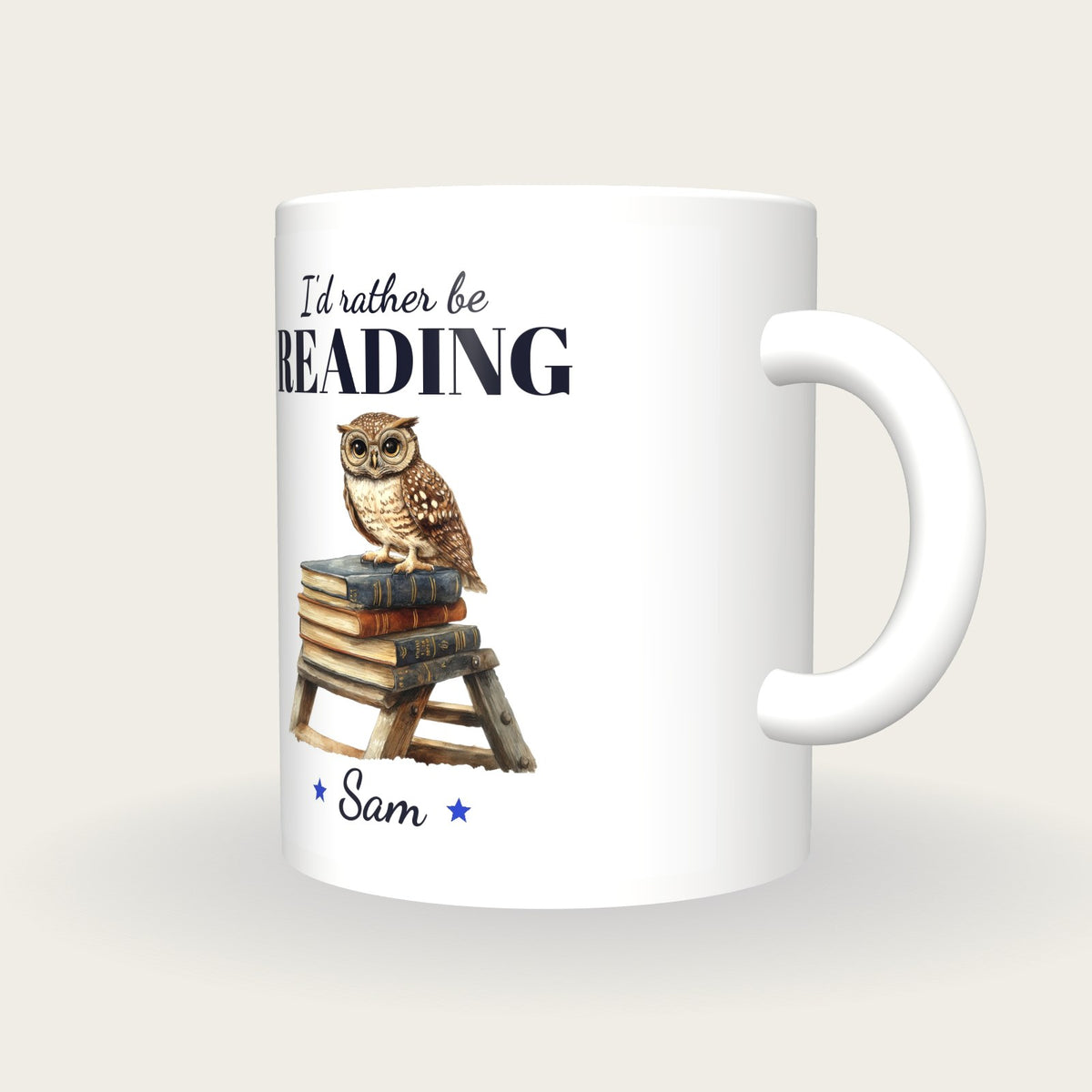 Personalised Library Owl Mug, I'd Rather Be Reading, three-quarter view