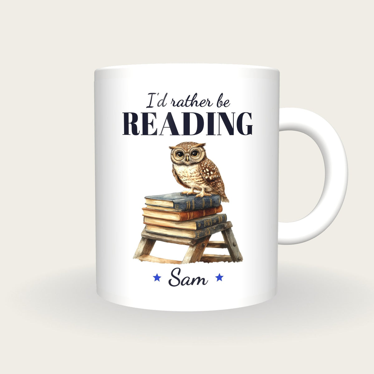Personalised Library Owl Mug, I'd Rather Be Reading, front