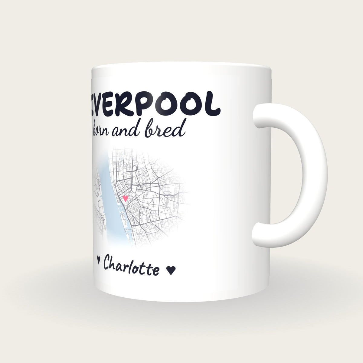 Personalised Liverpool Map Mug, Liverpool Born And Bred, three-quarter view