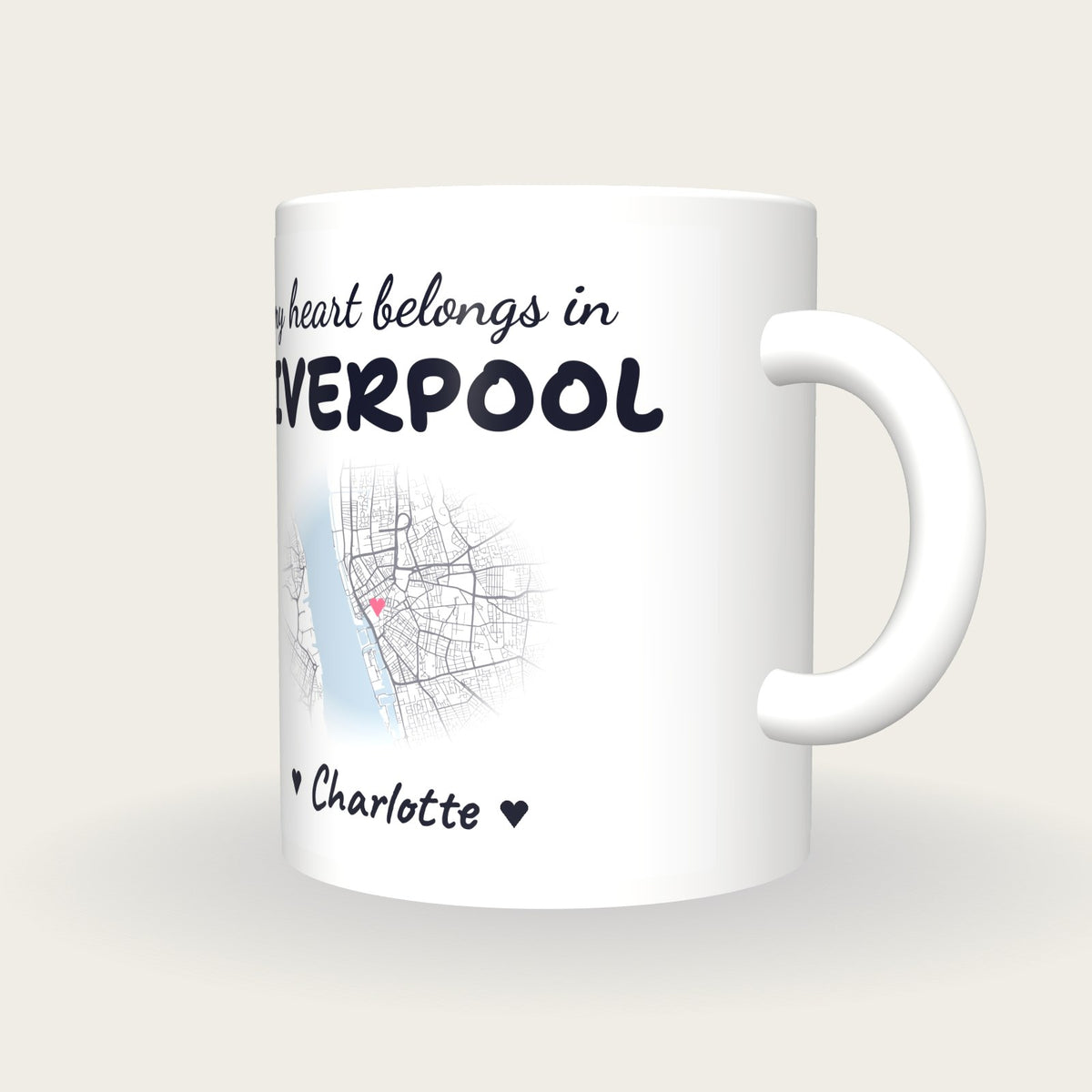 Personalised Liverpool Map Mug, My Heart Belongs In Liverpool, three-quarter view