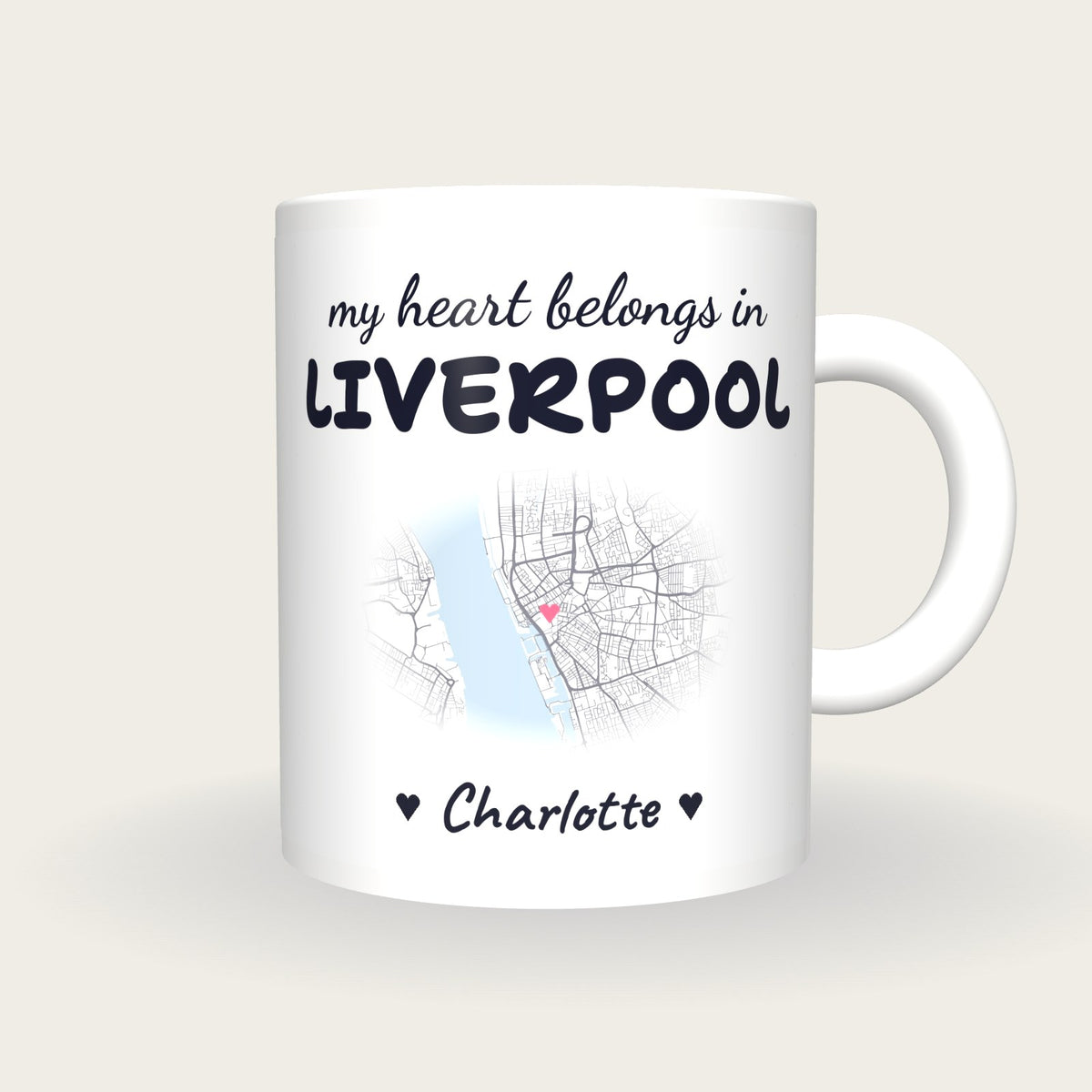 Personalised Liverpool Map Mug, My Heart Belongs In Liverpool, front