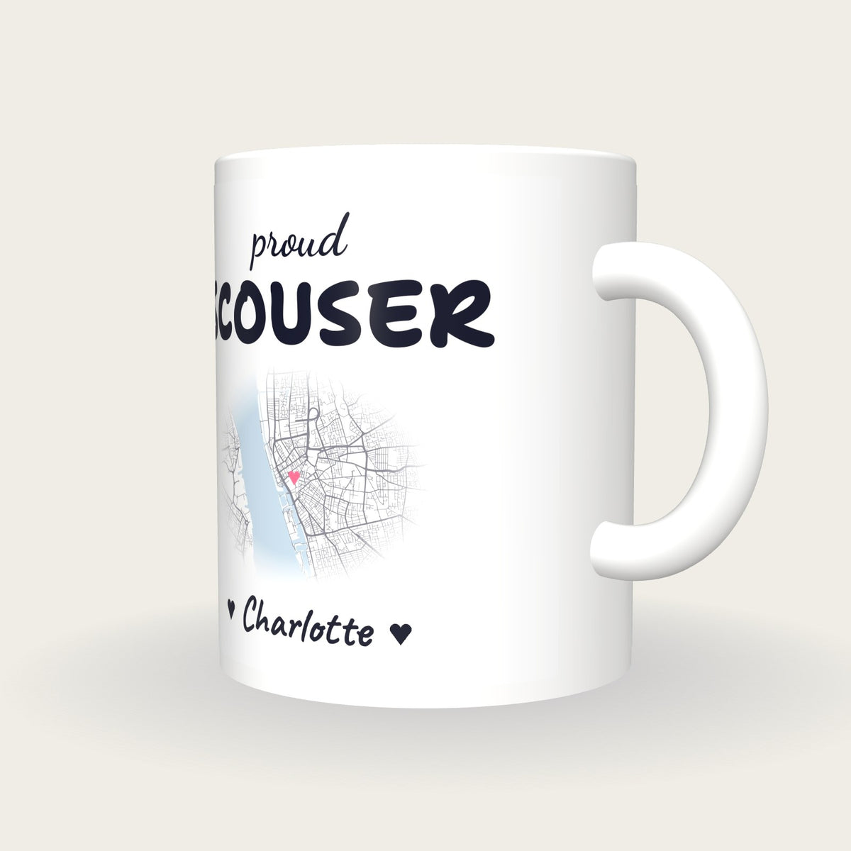 Personalised Liverpool Map Mug, Proud Scouser, three-quarter view