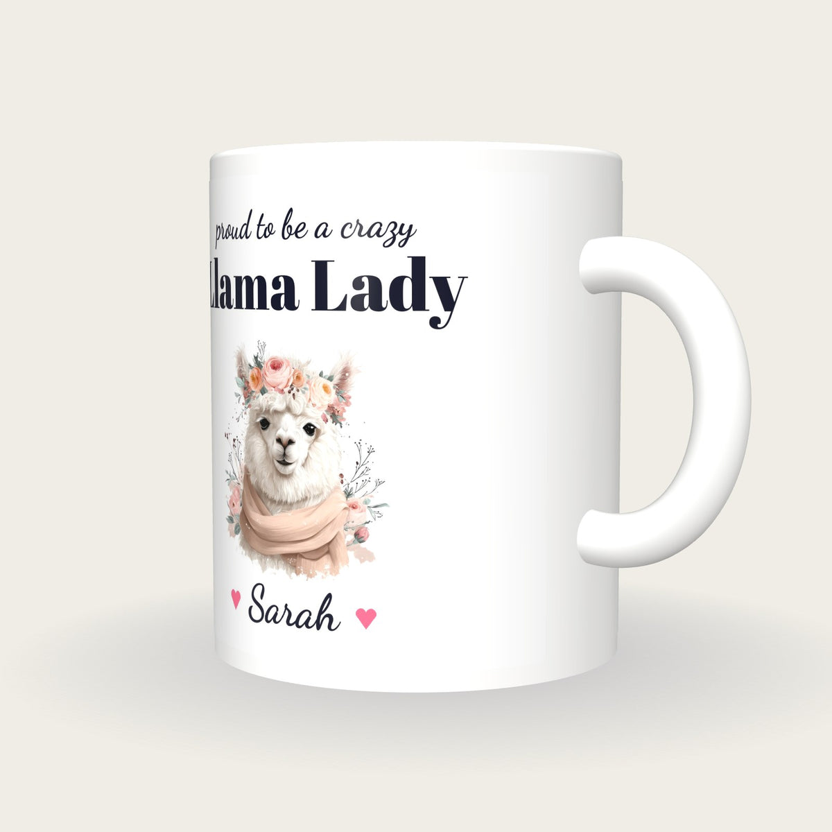 Personalised Llama Mug, Crazy Llama Lady, three-quarter view