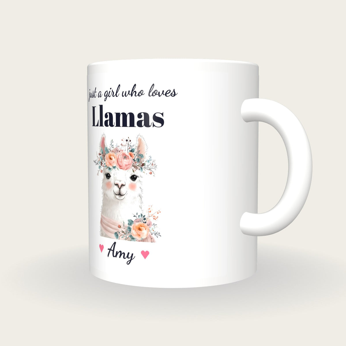 Personalised Llama Mug, Just A Girl Who Loves Llamas, three-quarter view