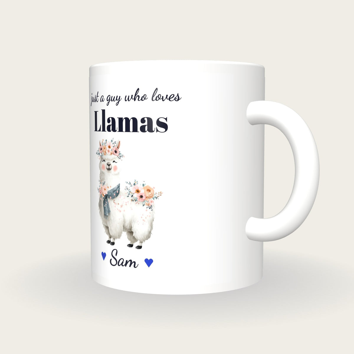 Personalised Llama Mug, Just A Guy Who Loves Llamas, three-quarter view
