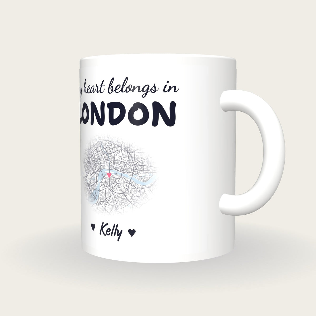 Personalised London Map Mug, My Heart Belongs In London, three-quarter view