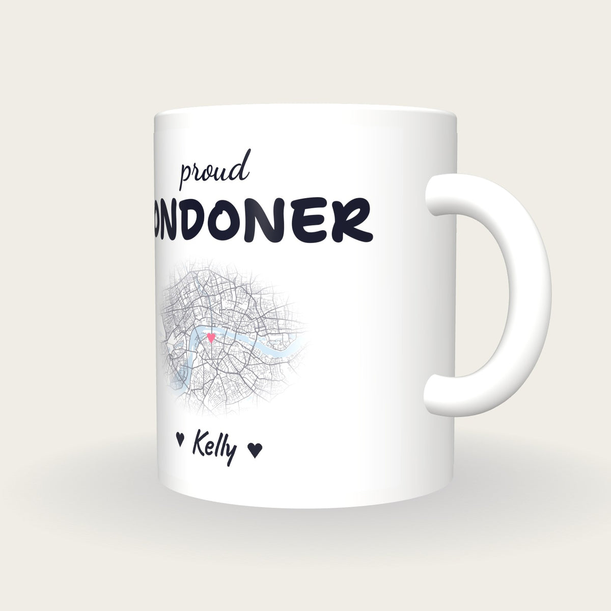 Personalised London Map Mug, Proud Londoner, three-quarter view
