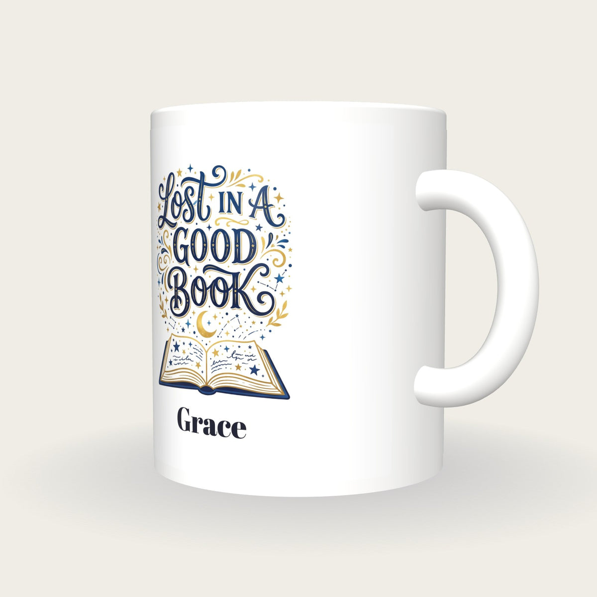 Personalised Lost In A Good Book Mug, three-quarter view