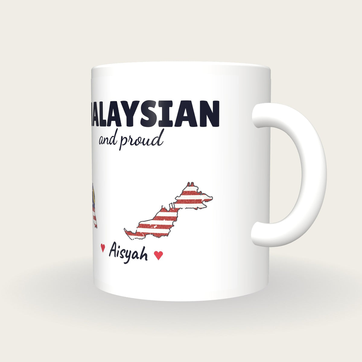 Personalised Malaysia Map Mug, Malaysian And Proud, three-quarter view