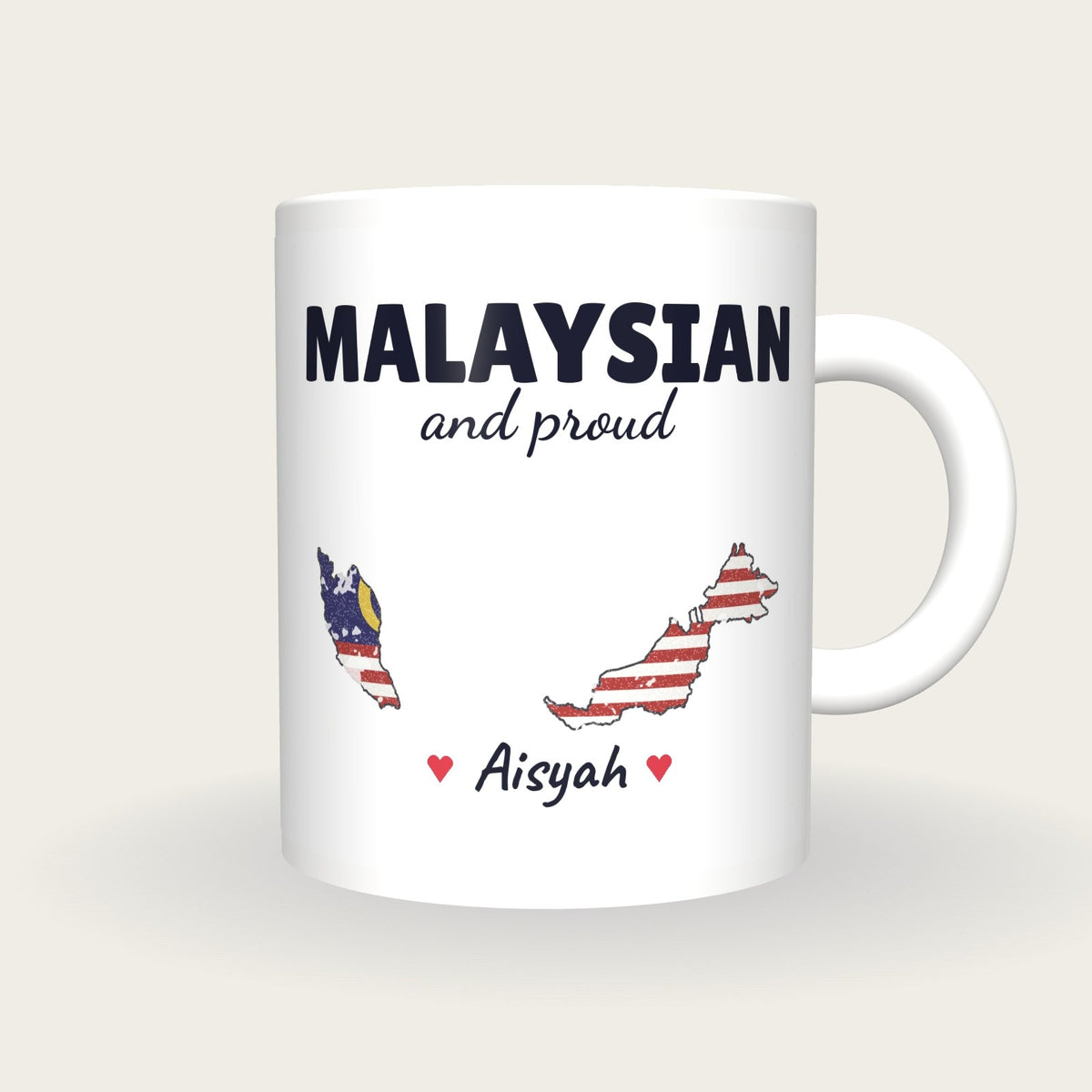 Personalised Malaysia Map Mug, Malaysian And Proud, front
